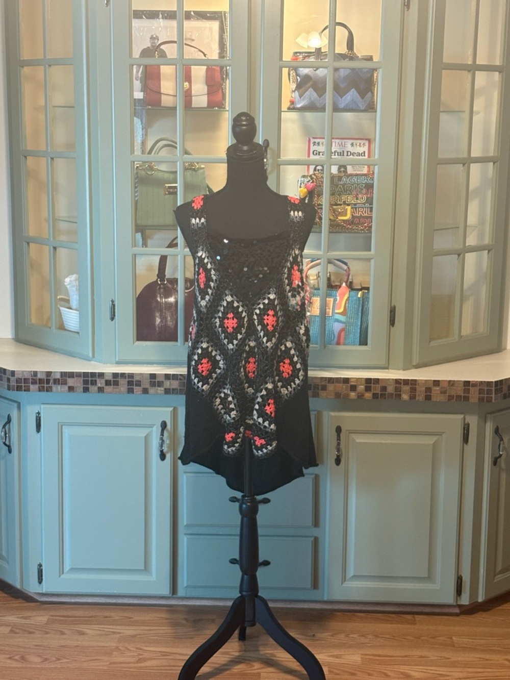 Free People Black Crochet Overlay Tank with Coral Accents